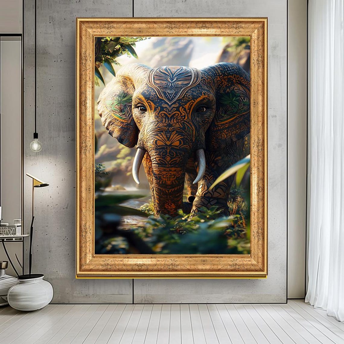 Ornate Tribal Pattern Elephant Portrait Lush Jungle Wildlife Art Print