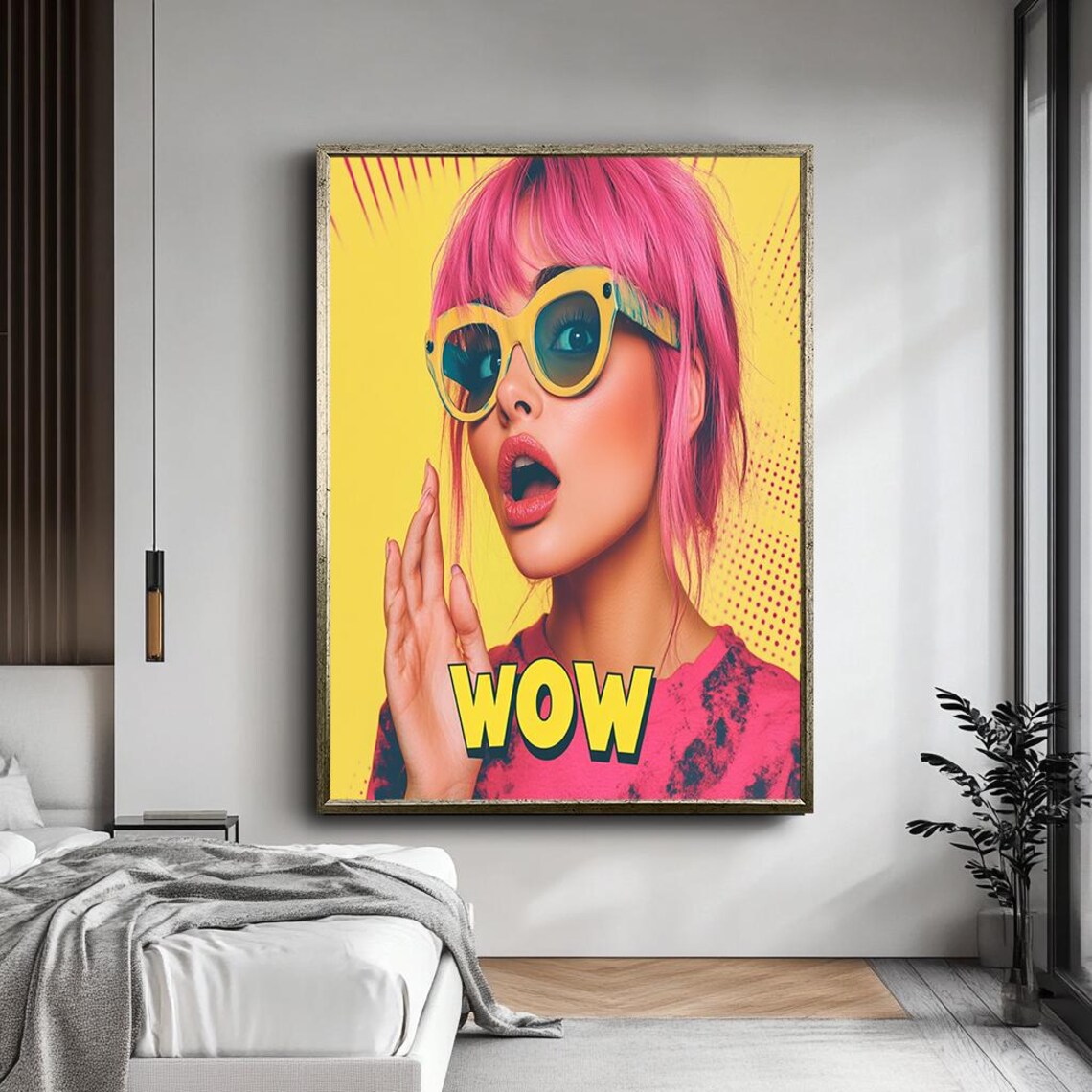 Pop Art WOW Girl Pink Hair Yellow Sunglasses Fun Retro Wall Art - Image 5