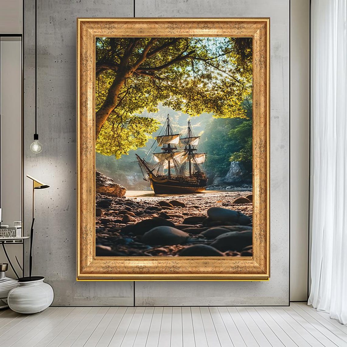 Vintage Pirate Ship Forest Cove Rocky Beach Nautical Adventure Poster