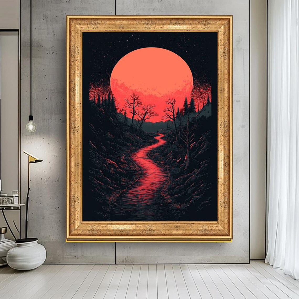 Red Moon River Wall Art Surreal Landscape Print Dark Fantasy Night Scene Mystical Forest Path Artwork Unique Gothic Nature Decor - Image 5