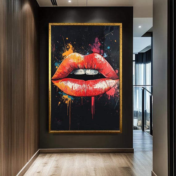 Bold Red Lips Art Print Modern Pop Art Vibrant Lipstick Splash Artwork Edgy Wall Decor For Living Room Or Office
