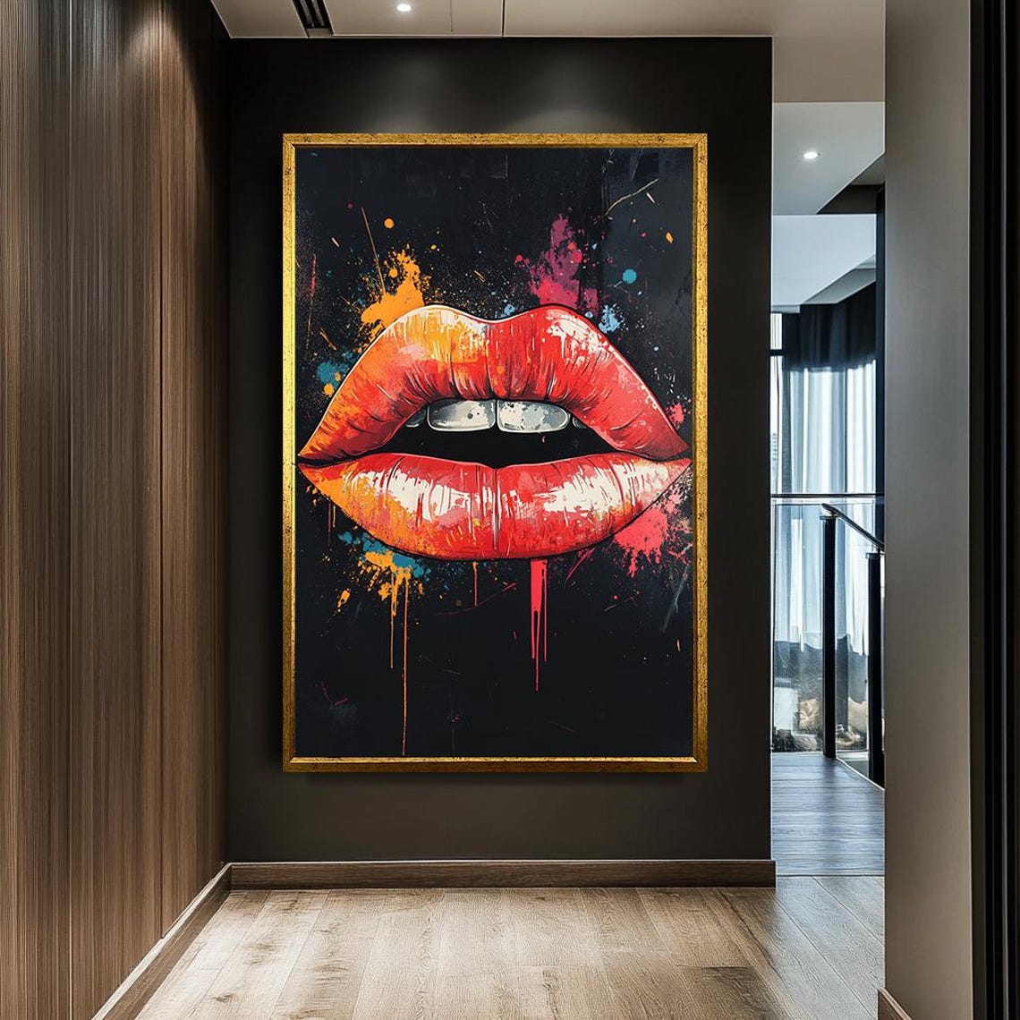 Bold Red Lips Art Print Modern Pop Art Vibrant Lipstick Splash Artwork Edgy Wall Decor For Living Room Or Office