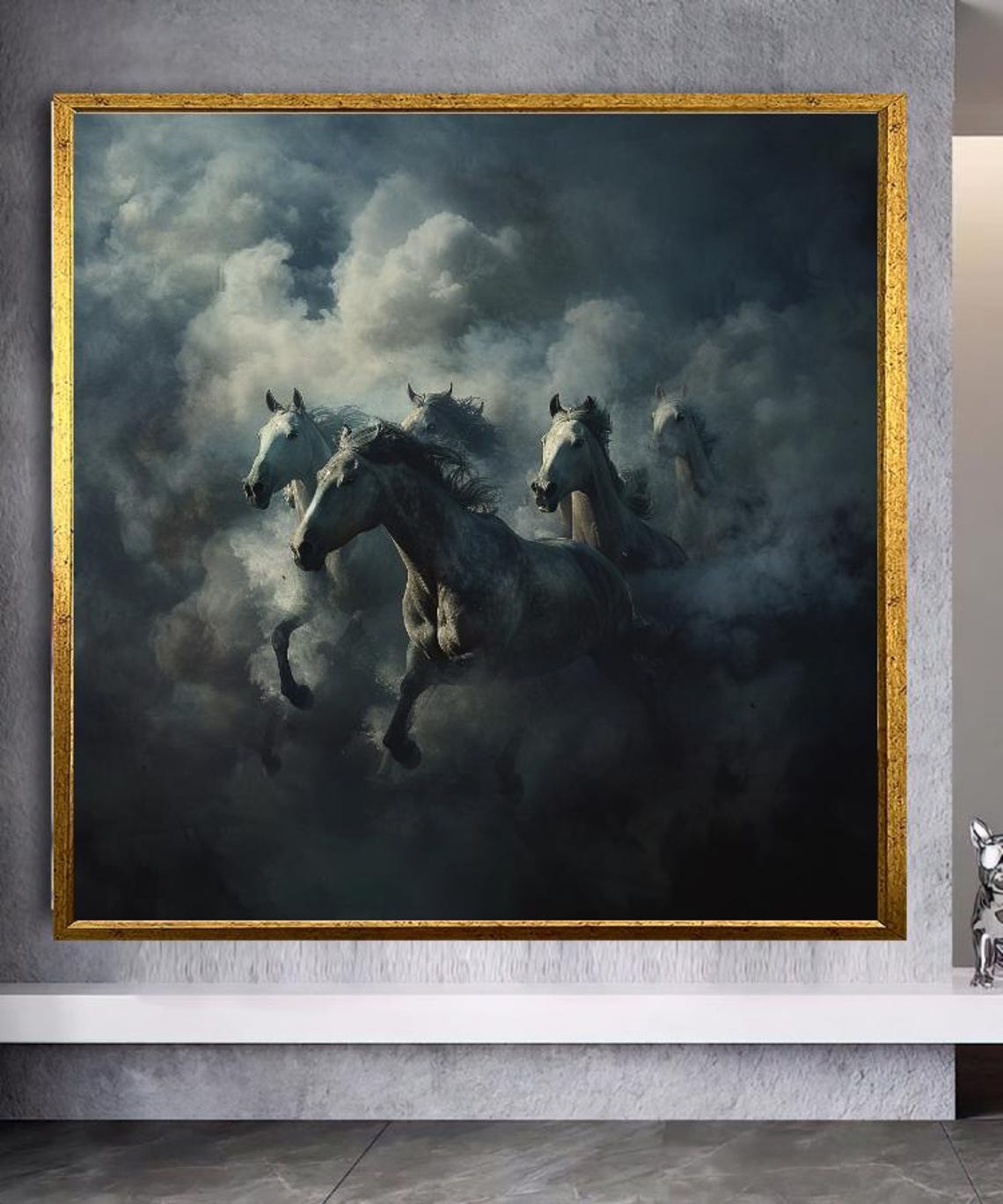 Galloping White Horses Emerging From Mist Dramatic Animal Art Poster