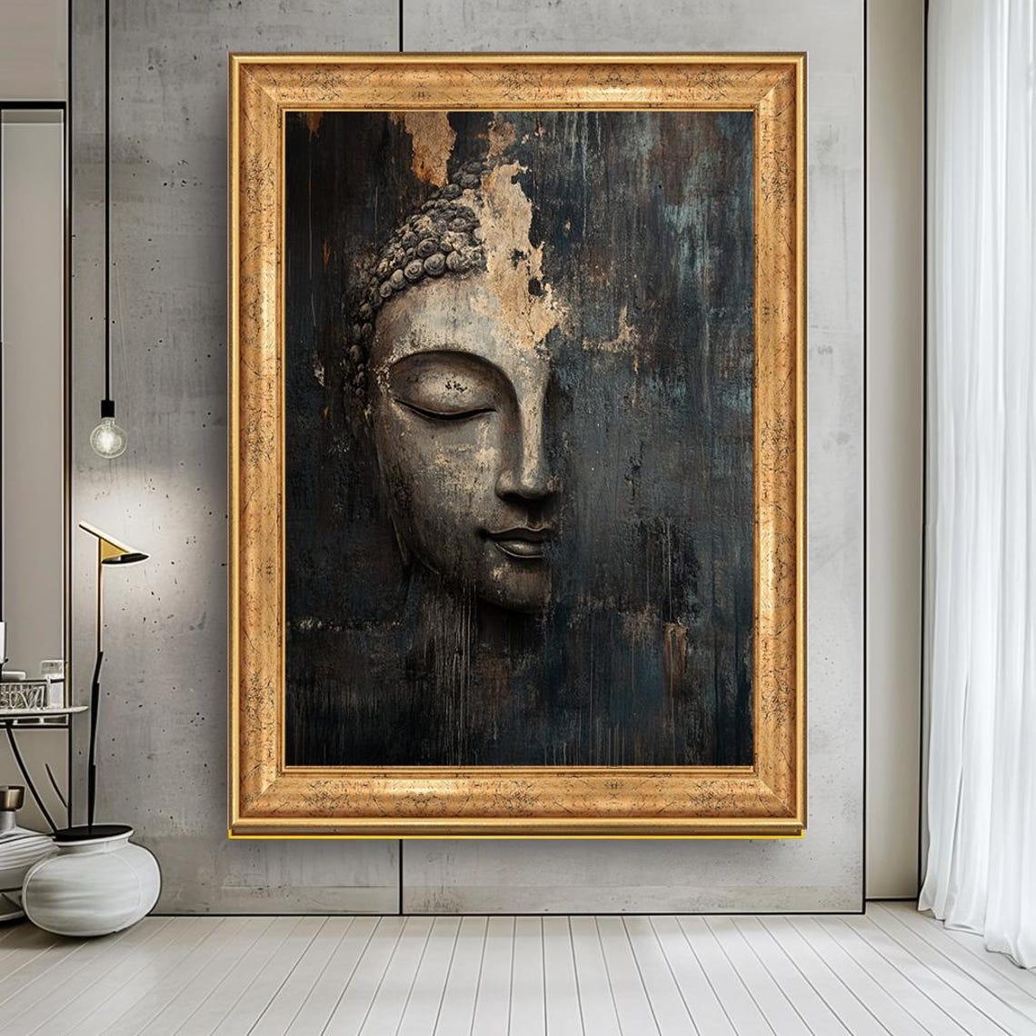 Weathered Ancient Buddha Face Dark Rustic Zen Spiritual Wall Art Print