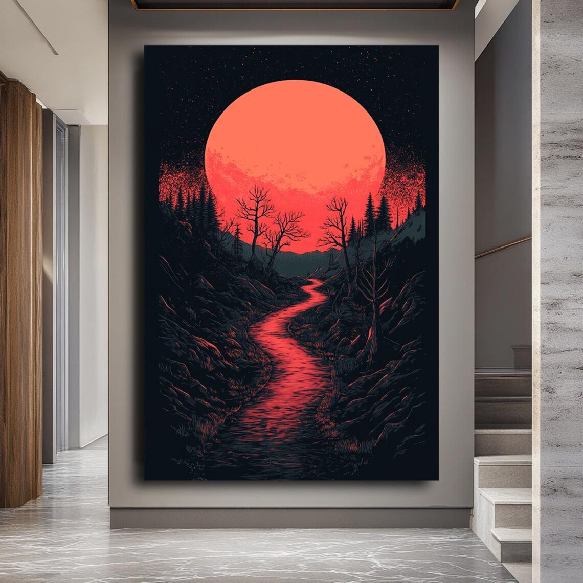 Red Moon River Wall Art Surreal Landscape Print Dark Fantasy Night Scene Mystical Forest Path Artwork Unique Gothic Nature Decor - Image 3