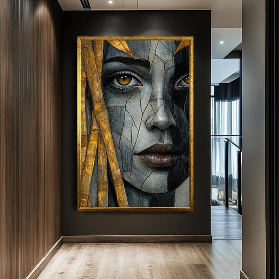 Abstract Woman Portrait Canvas Textured Face Wall Art Modern Contemporary Decor Large Golden Accents Unique Female Artwork