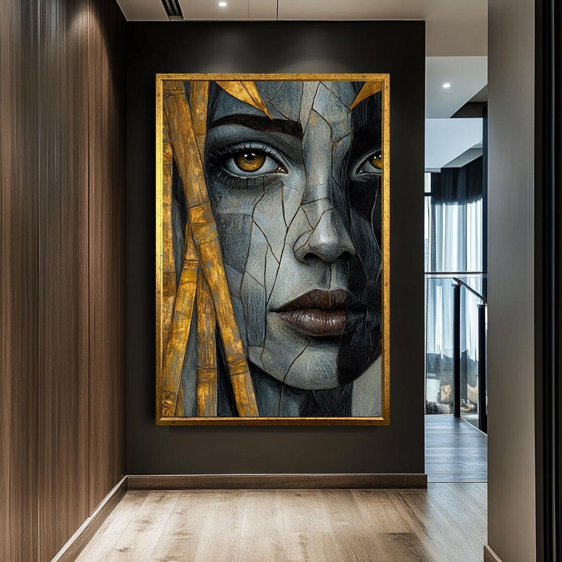 Abstract Woman Face Mosaic Blue Gold Textured Modern Portrait Poster