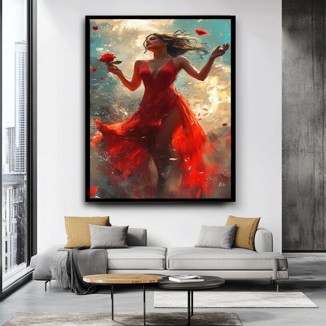 Dancing Woman Red Dress Rose Petals Passionate Romantic Art Poster - Image 4