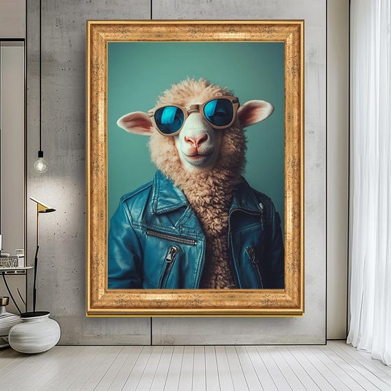 Cool Sheep Wall Art With Sunglasses Funny Animal Print Canvas Hipster Decor For Modern Farmhouse Unique Quirky Artwork Home