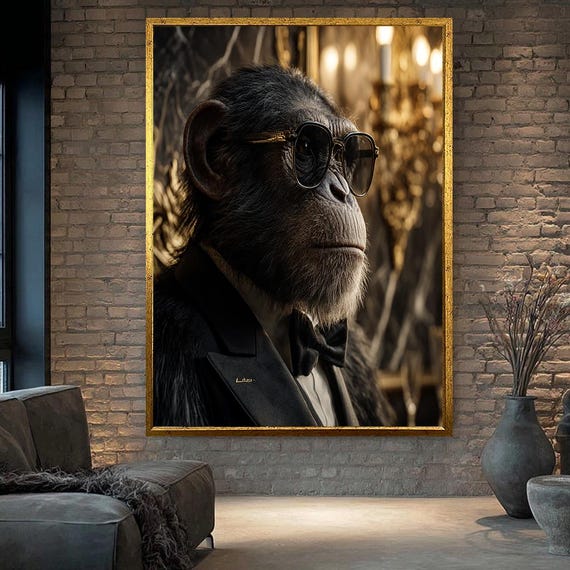 Cool Chimp In Tuxedo Canvas Funny Animal Wall Art Stylish Monkey Print Quirky Modern Home Decor Pop Culture Statement Piece