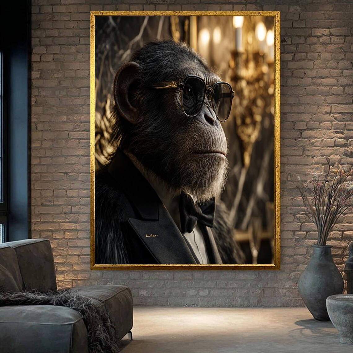 Dapper Chimpanzee Tuxedo Sunglasses Humorous Animal Portrait Poster