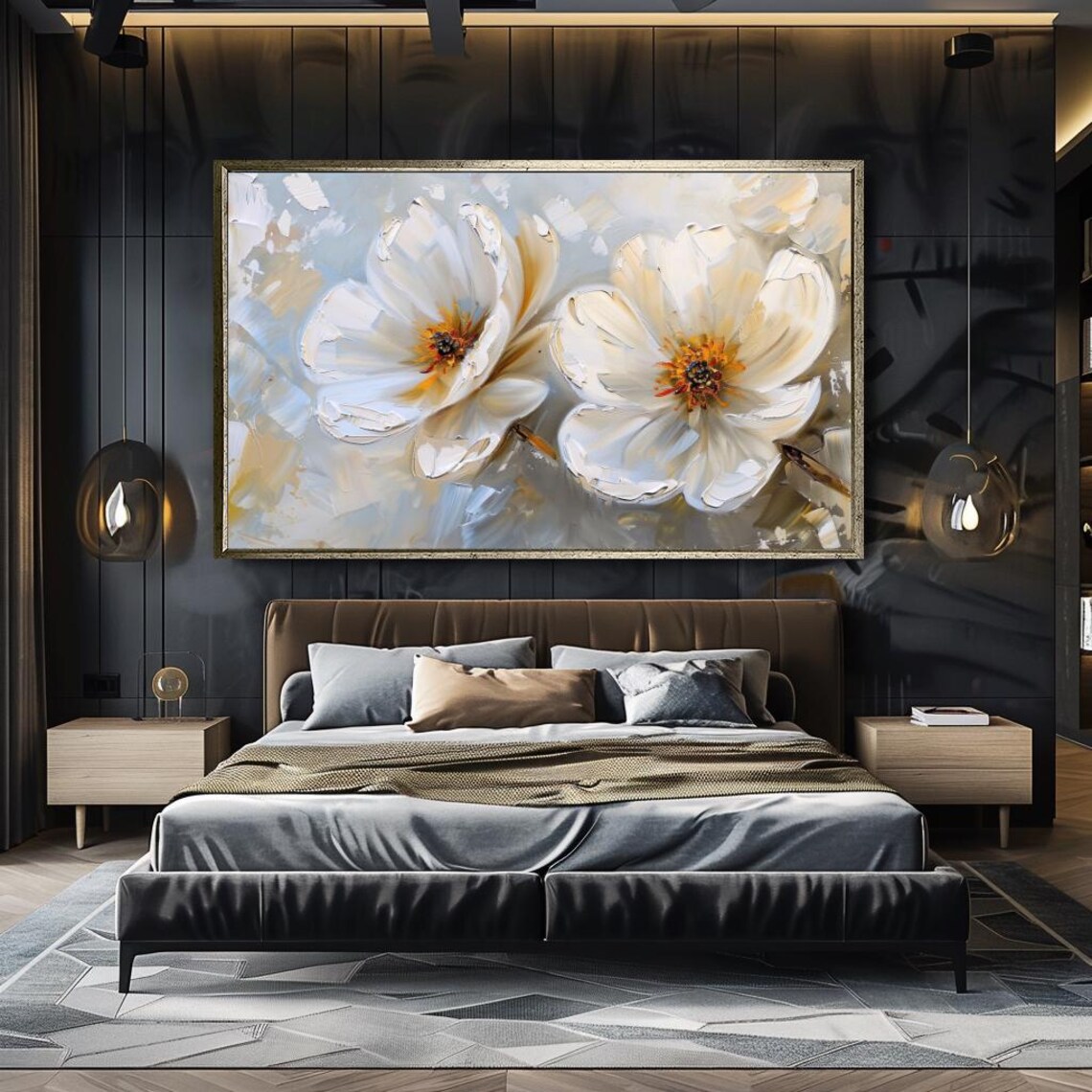 Large White Flowers Oil Painting Neutral Elegant Botanical Wall Poster - Image 4
