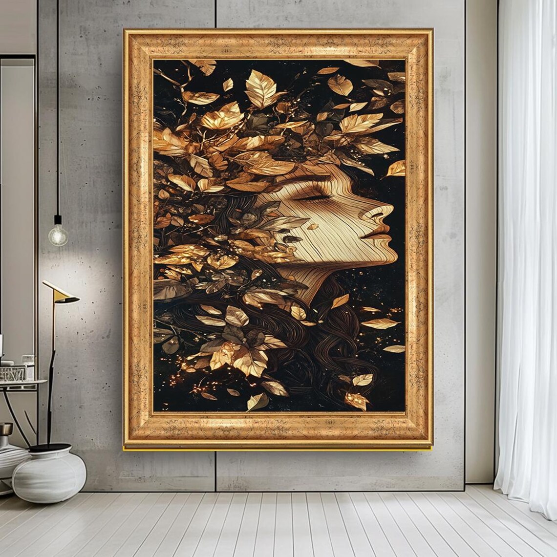 Golden Leaves Woman Profile Abstract Botanical Black Wall Art