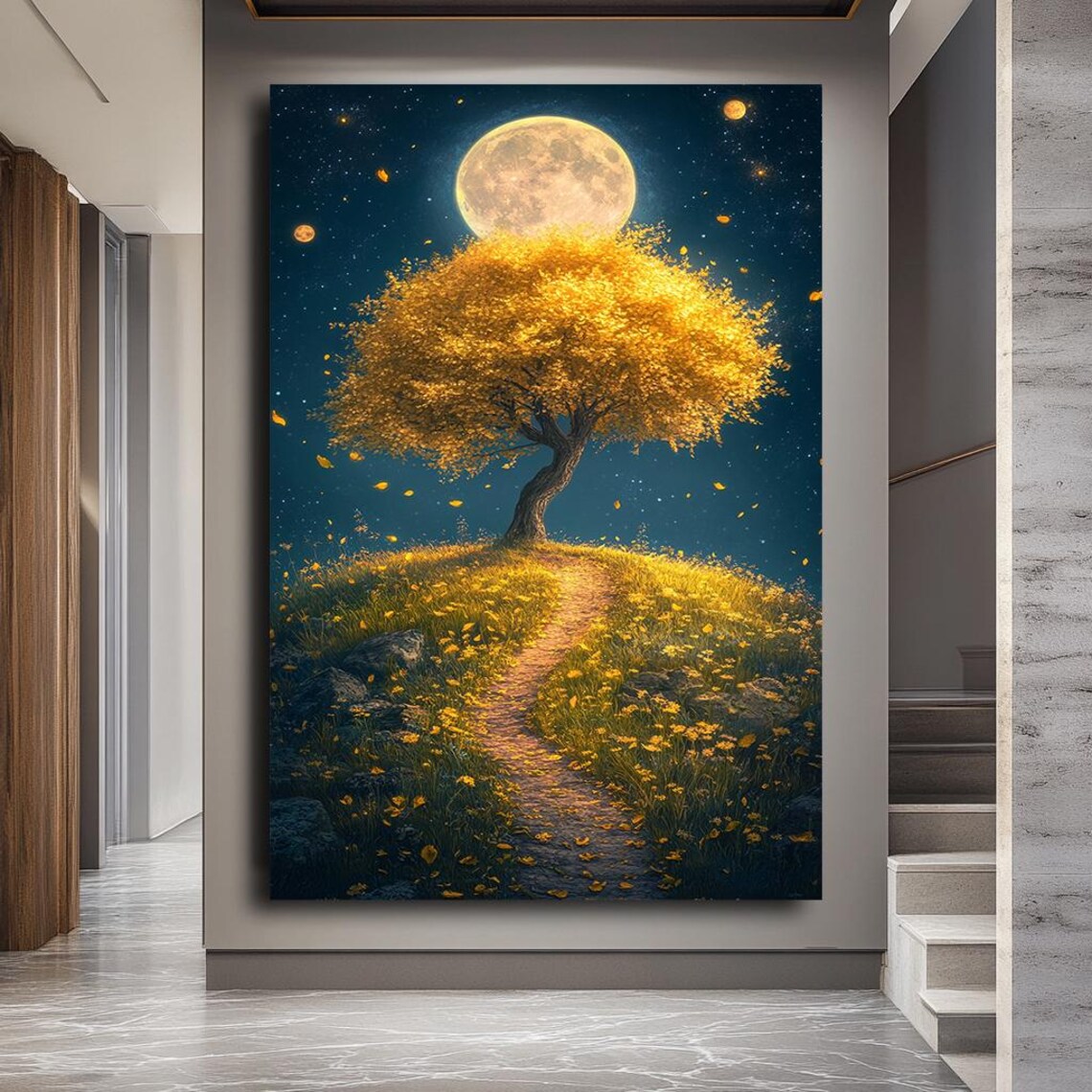 Golden Tree Under Full Moon Fantasy Landscape Art Print - Image 3