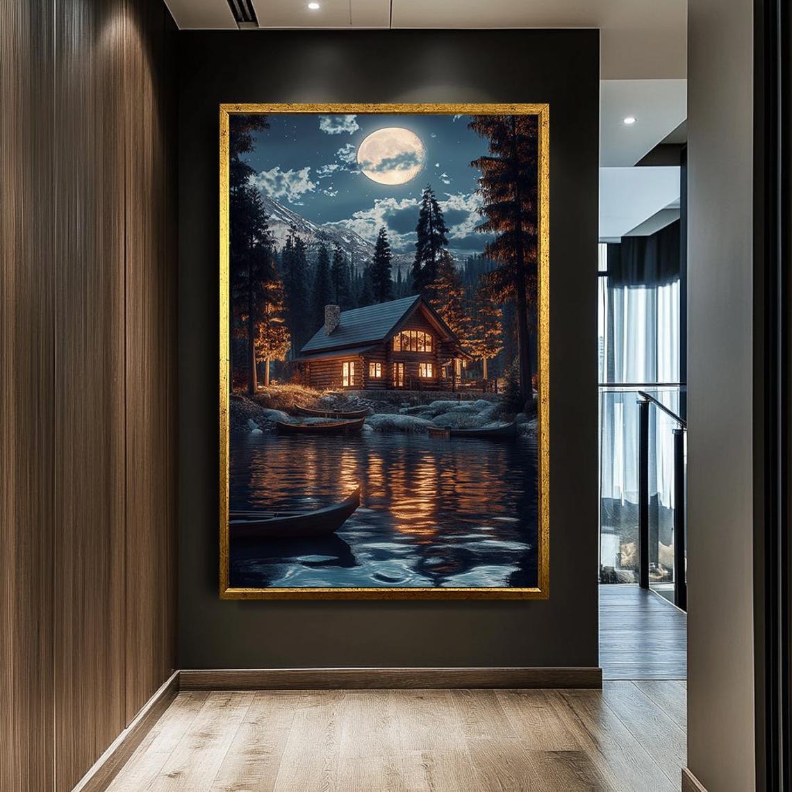 Moonlit Lake Cabin Mountain Retreat Cozy Night Reflection Poster - Image 3