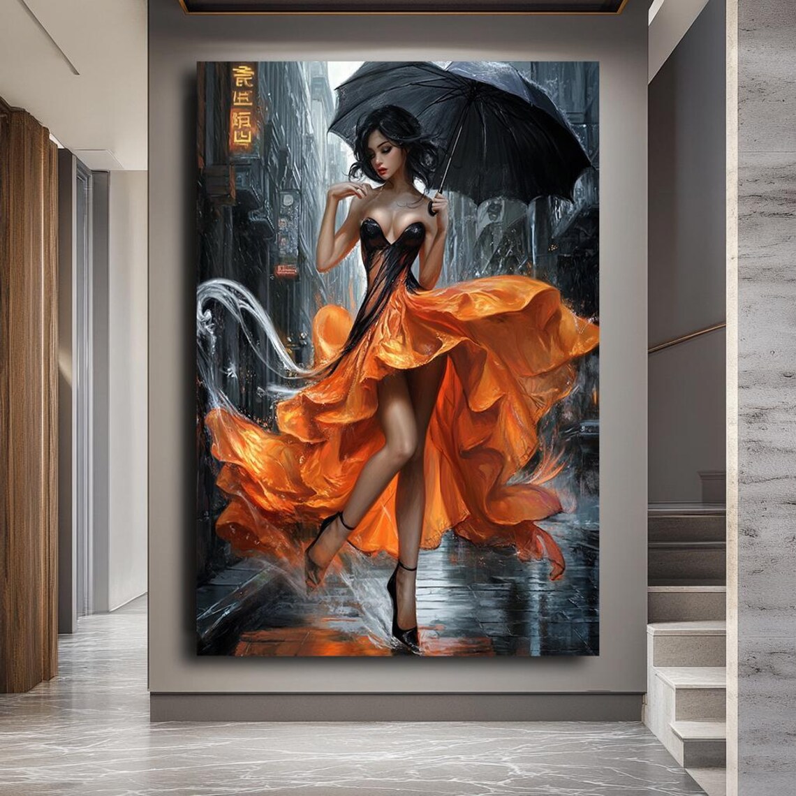 Woman Flowing Orange Dress Rainy City Street Umbrella Fashion Poster - Image 5