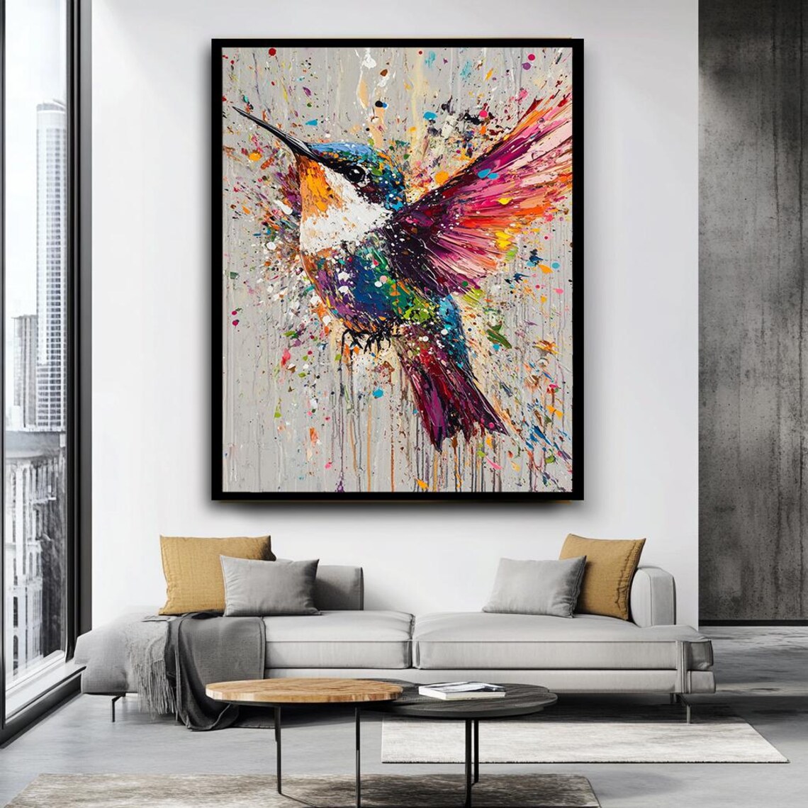 Colorful Hummingbird Splash Paint Splatter Abstract Bird Art Poster - Image 4