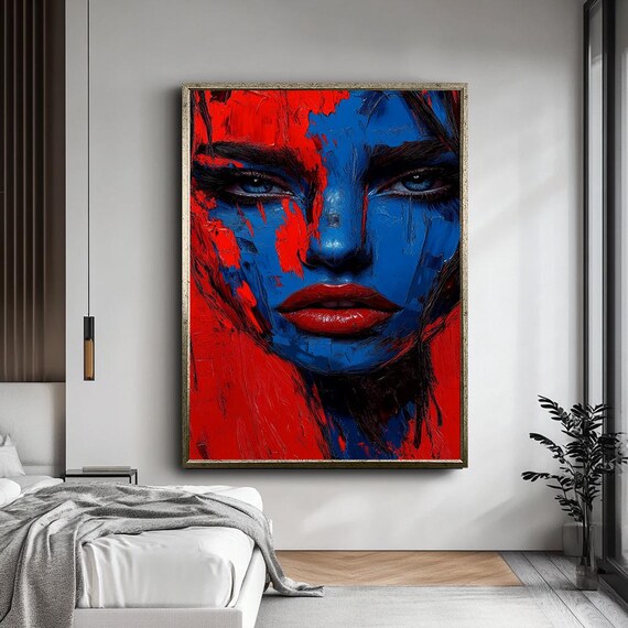 Bold Abstract Face Canvas Wall Art Red And Blue Portrait Framed Modern Expressionist Decor Vibrant Statement Ready To Hang