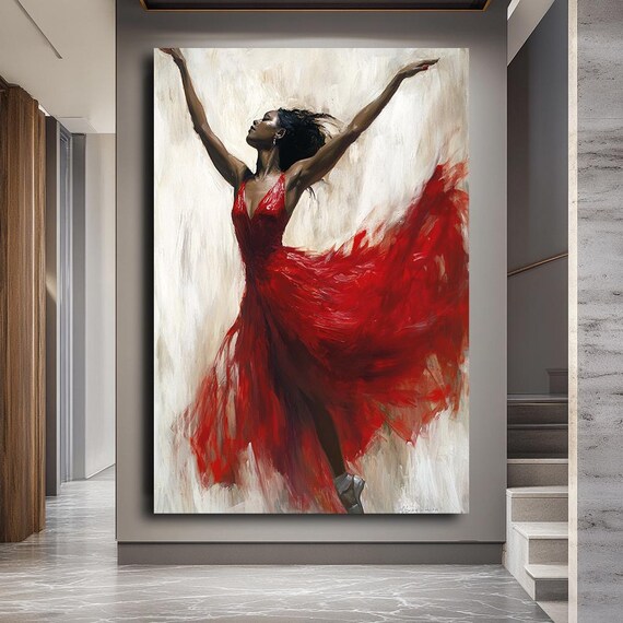 Red Dress Ballerina Oil Painting Graceful Dancer Modern Dance Art Poster