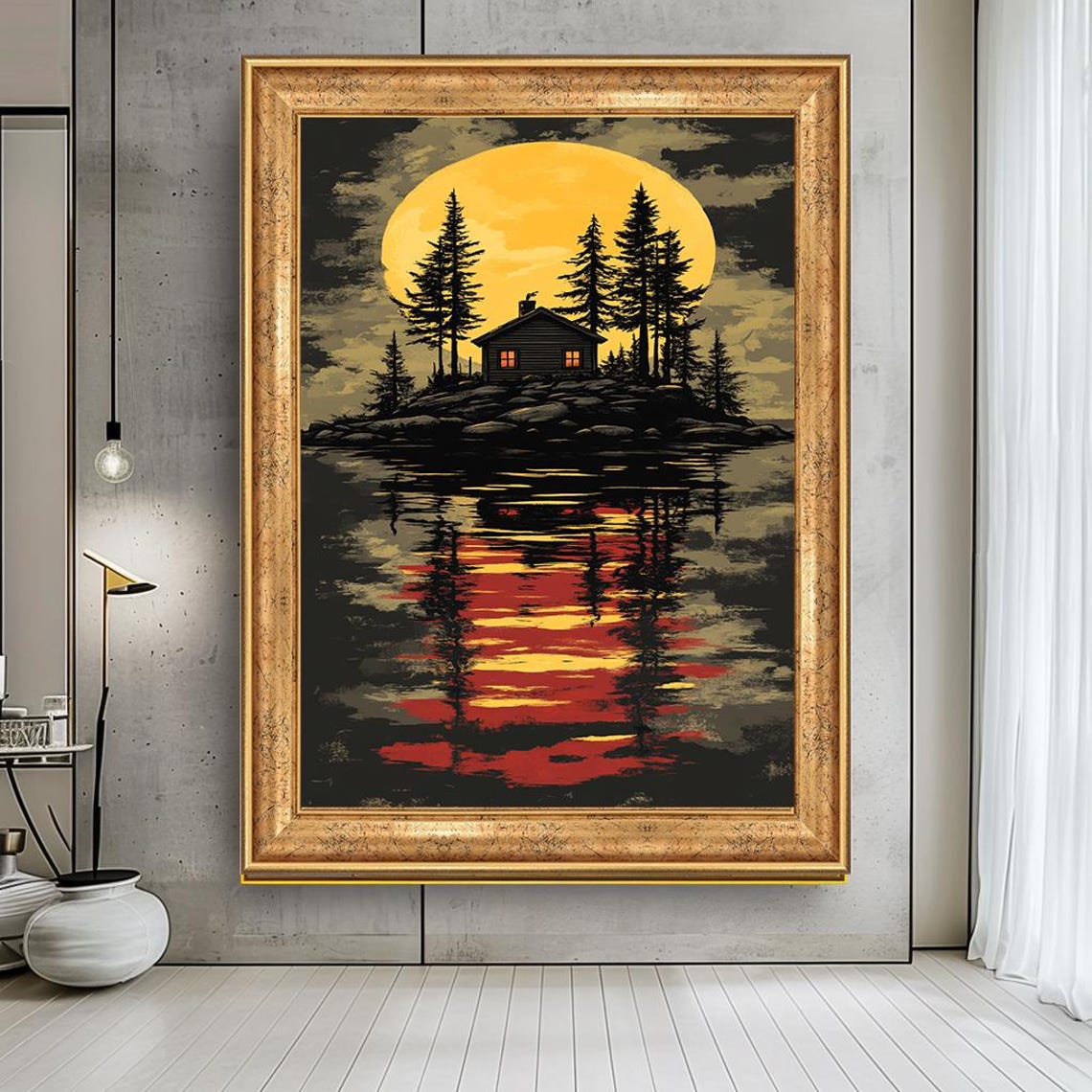 Moonlit Lake Cabin With Glowing Moon Reflections Rustic Forest Poster