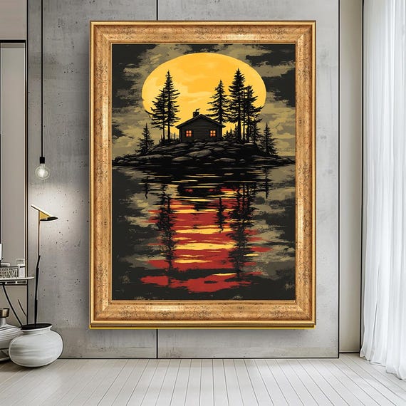 Moonlit Cabin By The Lake Canvas Art Rustic Forest Landscape Wall Decor Cozy Night Reflection Tranquil Nature Scene Print