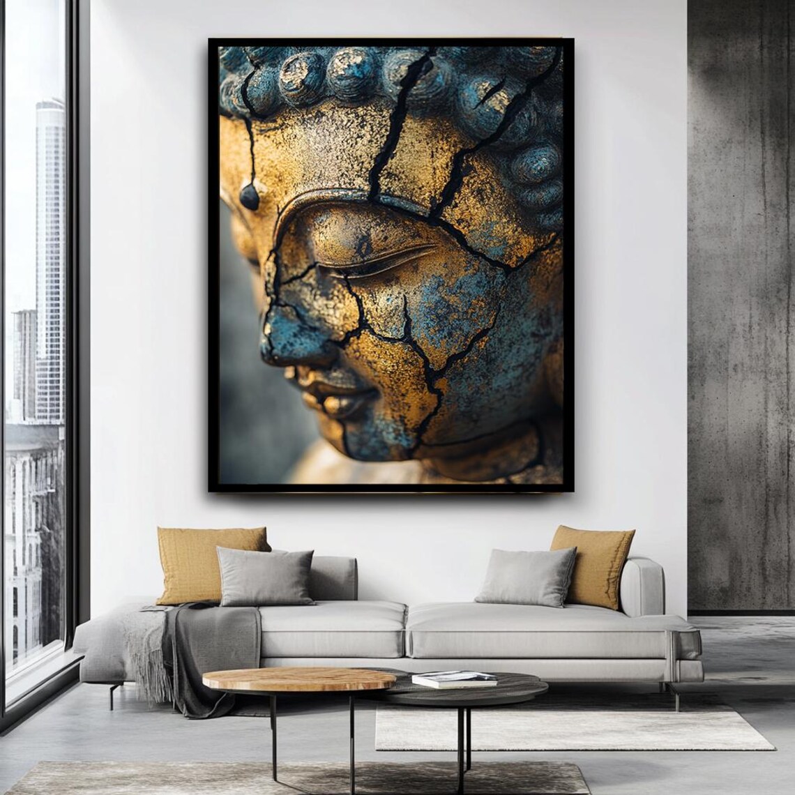 Cracked Golden Buddha Face Zen Meditation Spiritual Ancient Art Print - Image 4
