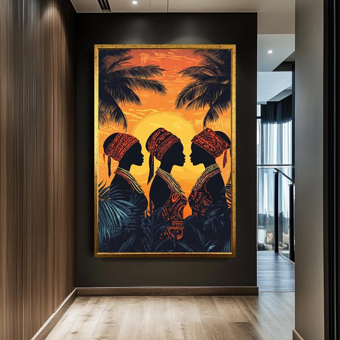 African Women Sunset Silhouette Palm Trees Bold Tribal Wall Art - Image 2
