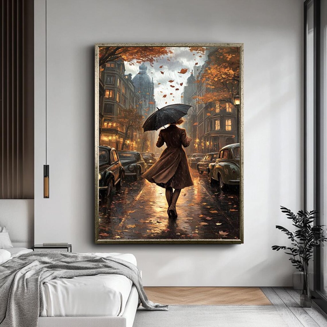 Rainy Street Scene, Vintage Autumn Cityscape Art Print - Image 5