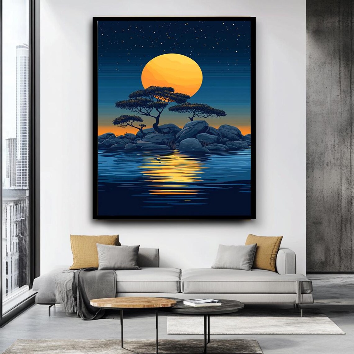 Serene Sunset Over Water Art Minimalist Nature Landscape Wall Decor Golden Reflection With Trees Peaceful Night Scene Print - Image 4