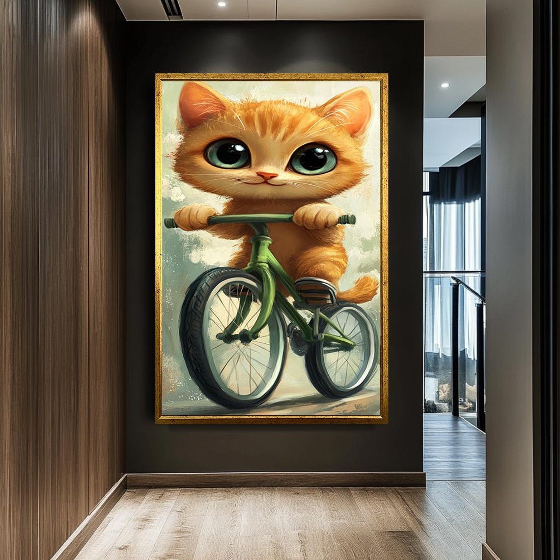 Cute Orange Kitten Riding Green Bicycle Whimsical Nursery Wall Art - Image 2