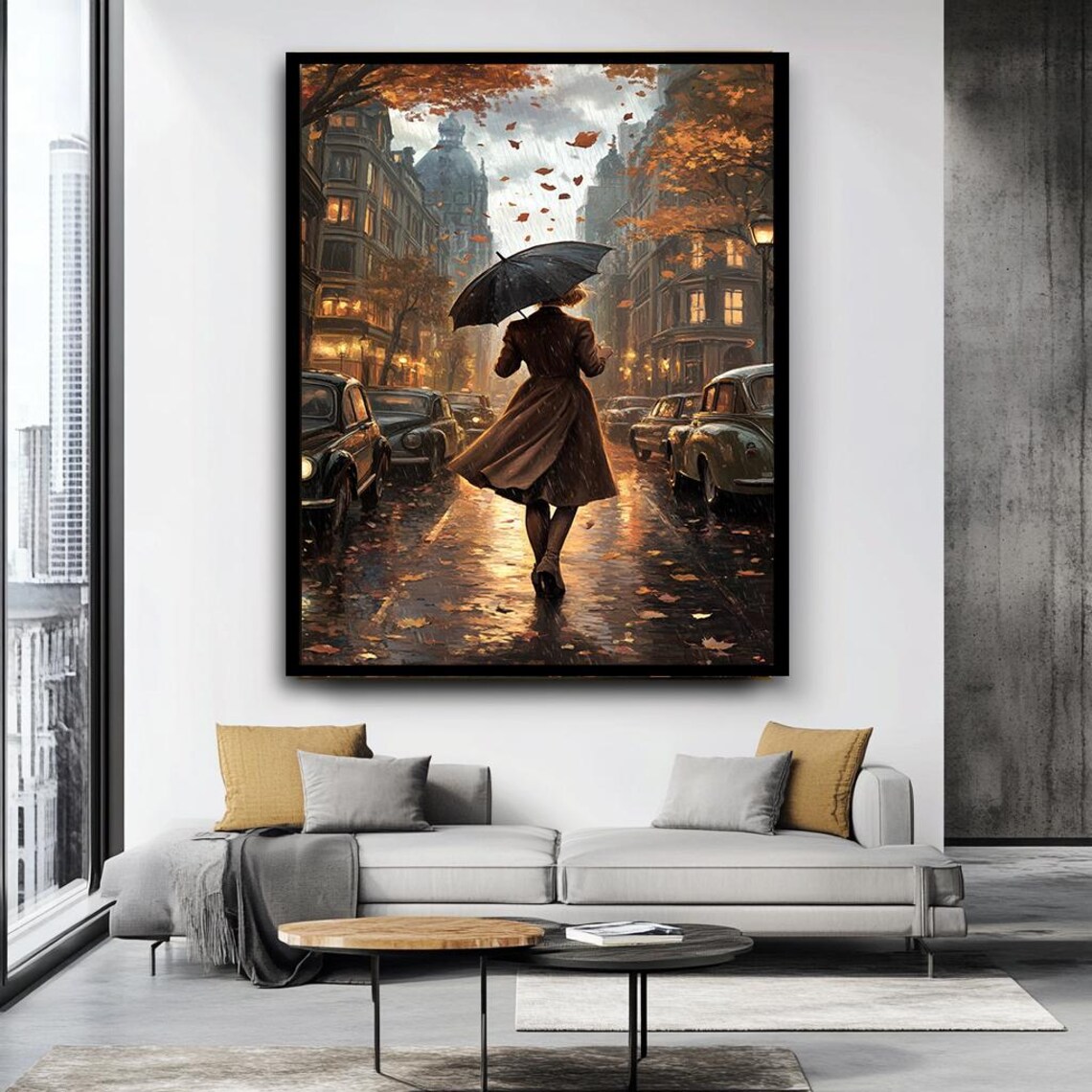 Rainy Street Scene, Vintage Autumn Cityscape Art Print - Image 4