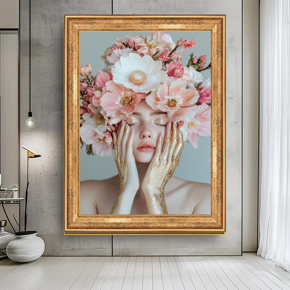 Pink Blossom Beauty Portrait Gold Hands Glamorous Floral Poster