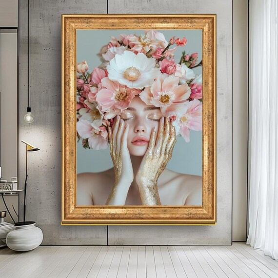 Pink Blossom Beauty Portrait Gold Hands Glamorous Floral Poster
