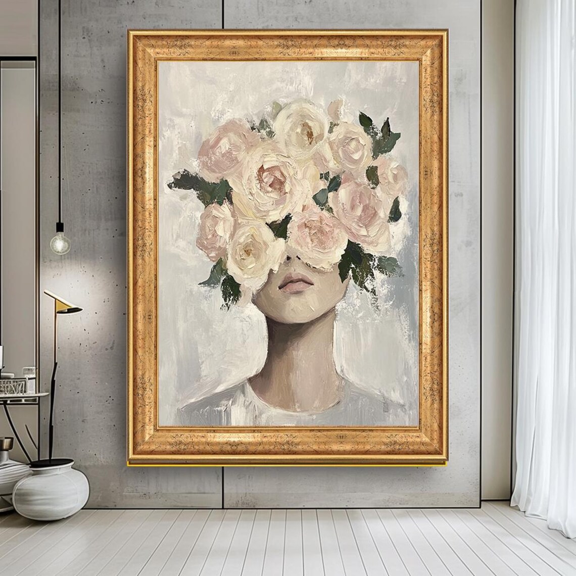 White Roses Woman Minimalist Elegant Floral Modern Portrait Poster