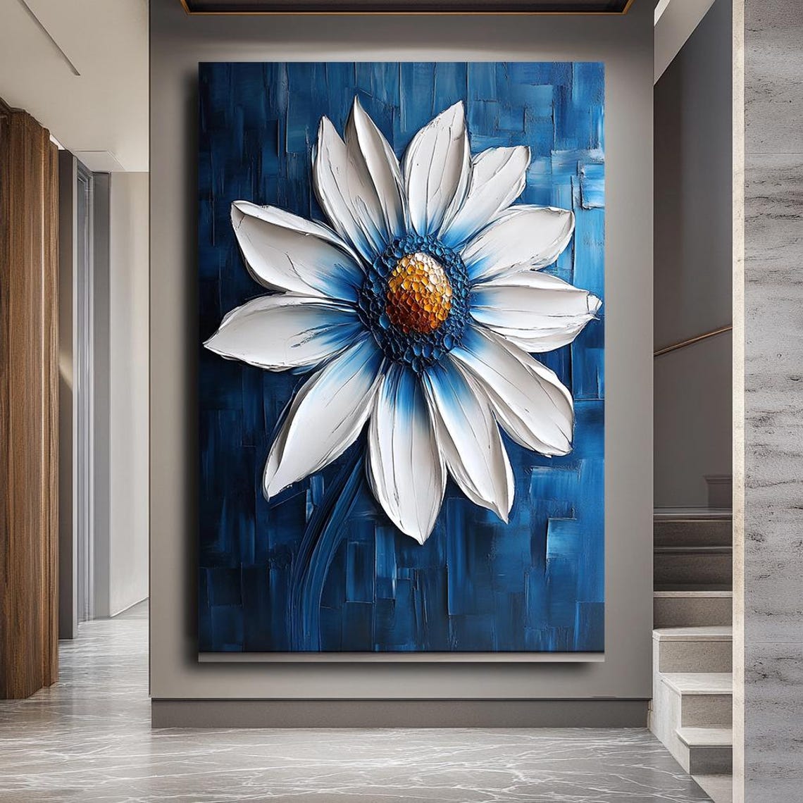 White Daisy Flower Impasto Painting On Deep Blue Botanical Art Poster - Image 4