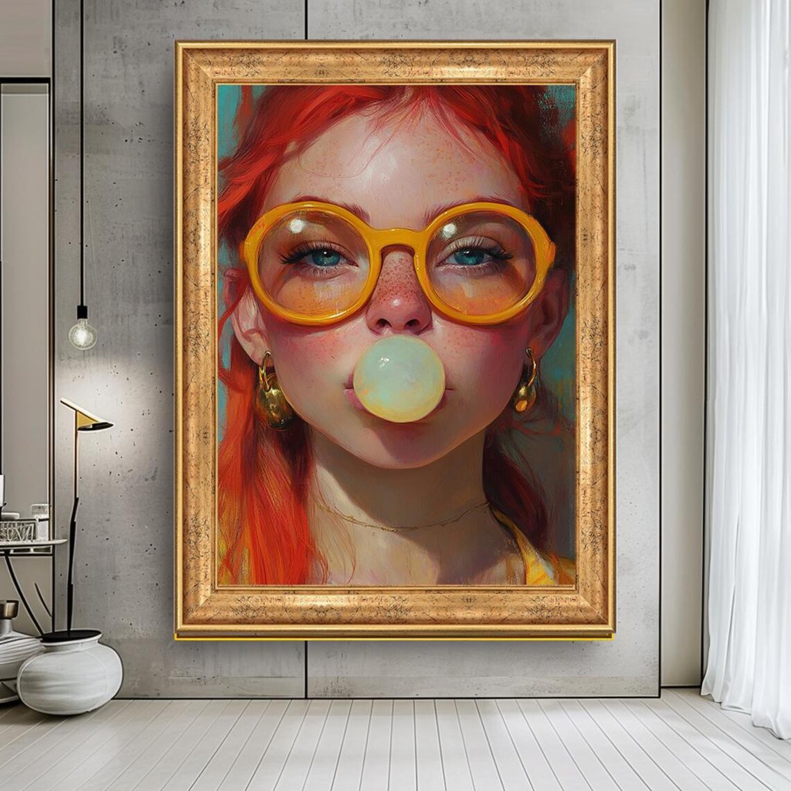 Bubble Gum Girl Portrait Yellow Glasses Red Hair Fun Pop Wall Art - Image 5