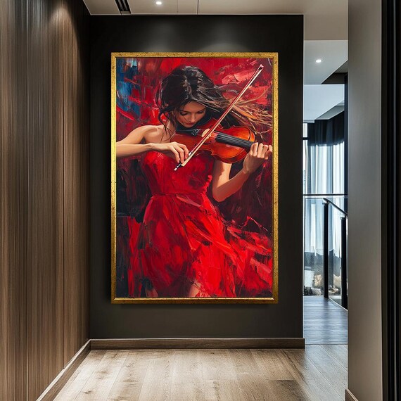 Woman In Red Dress Playing Violin Passionate Musician Wall Art