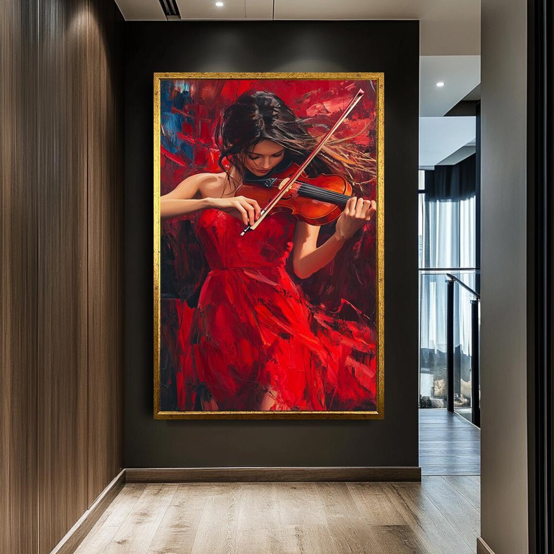 Woman In Red Dress Playing Violin Passionate Musician Wall Art