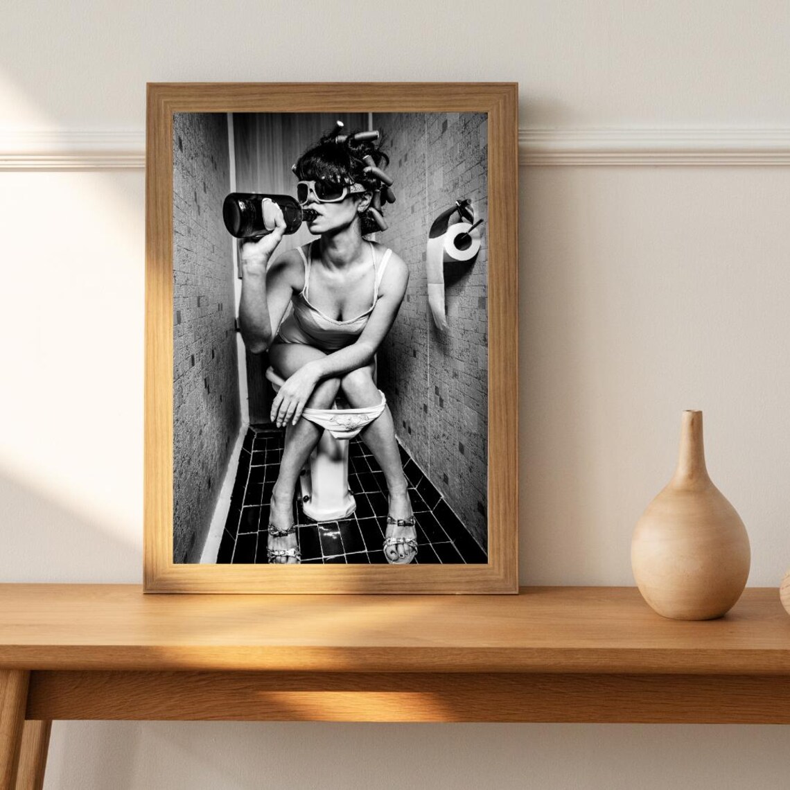 Funny Woman Drinking on Toilet Quirky Bathroom Photography Poster - Image 3
