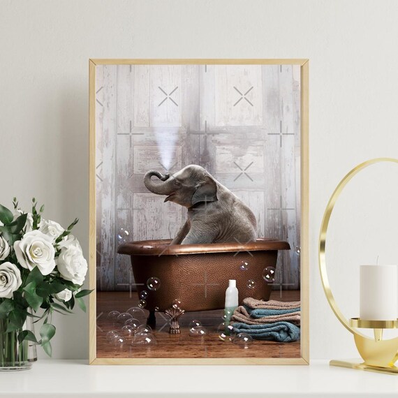 Baby Elephant Copper Bathtub Bubbles Cute Bathroom Scene Poster