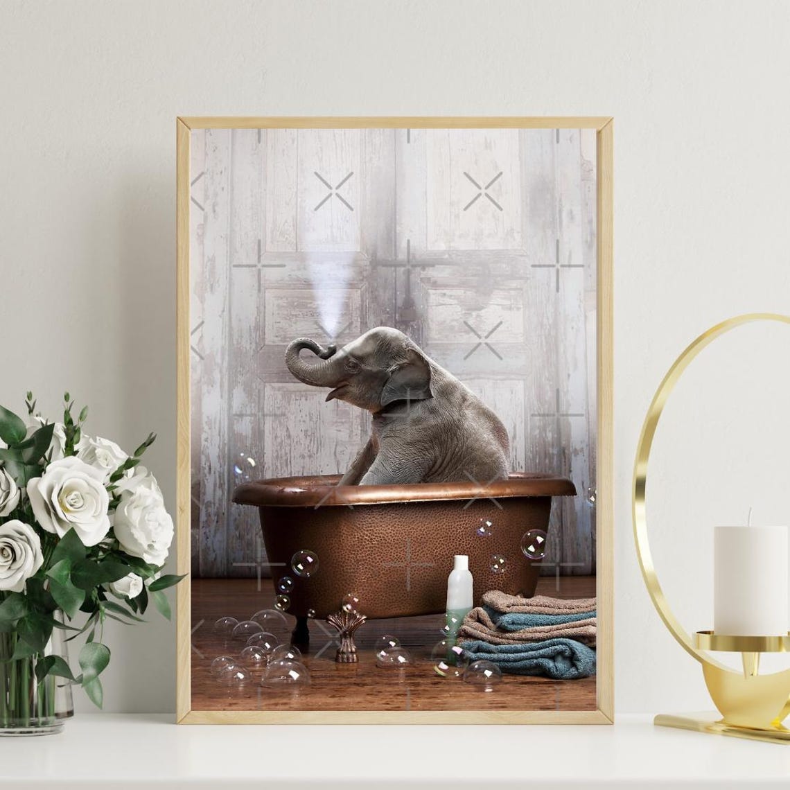 Baby Elephant Copper Bathtub Bubbles Cute Bathroom Scene Poster