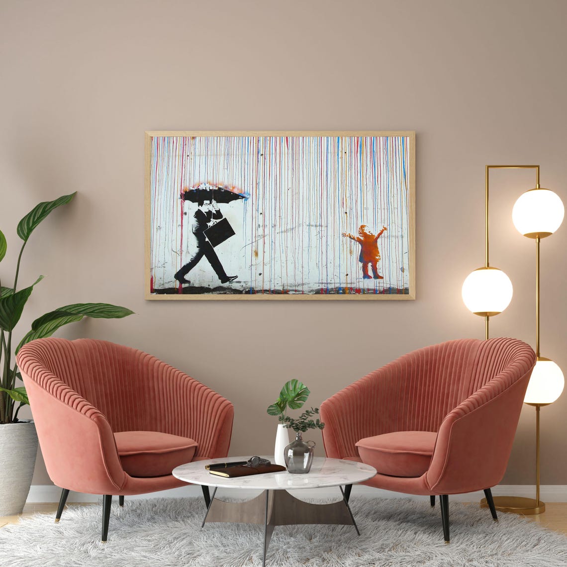 Umbrella Man And Child In Rain Colorful Street Art Canvas Poster - Image 2