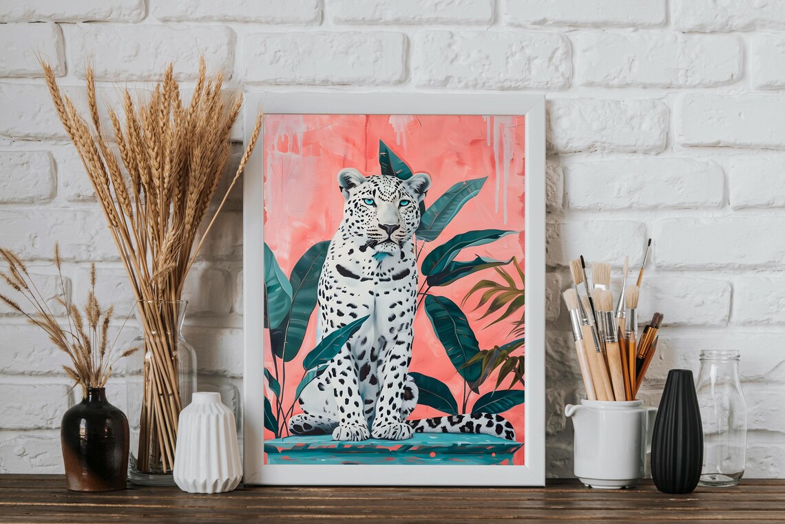 White Snow Leopard Among Tropical Leaves On Coral Pink Background Poster