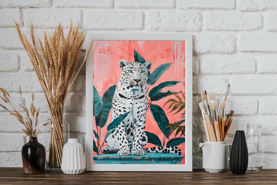 White Snow Leopard Among Tropical Leaves On Coral Pink Background Poster