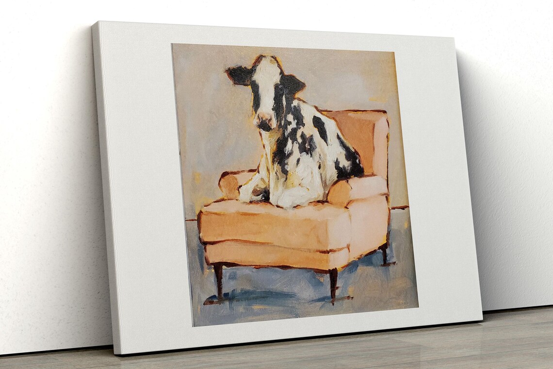 Funny Cow Sitting Like Royalty on a Pink Armchair Painting Poster - Image 3