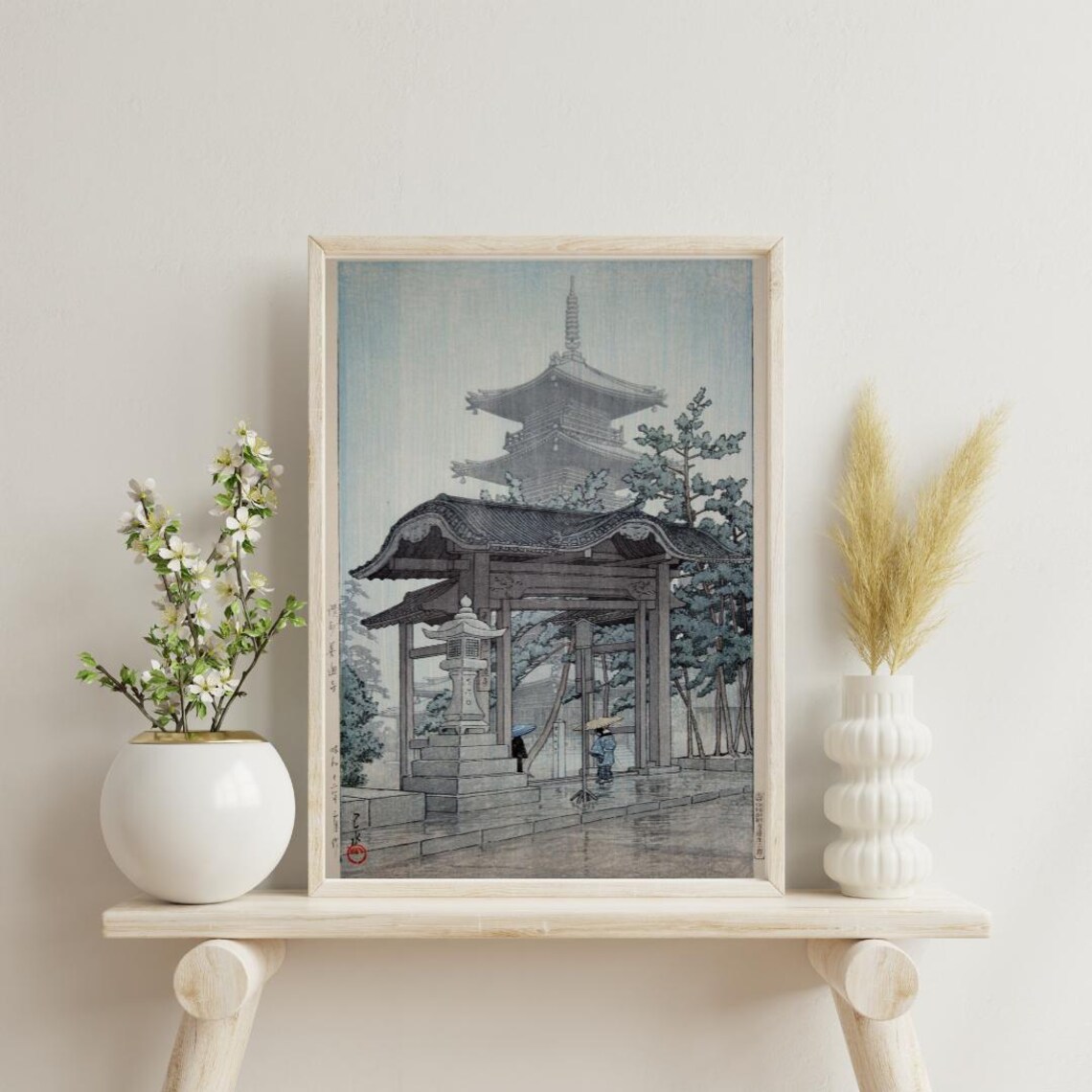 Rainy Japanese Temple Pagoda and Gate Shin-Hanga Woodblock Poster