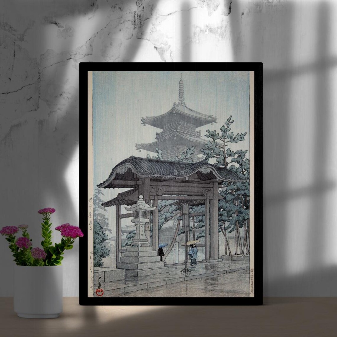 Rainy Japanese Temple Pagoda and Gate Shin-Hanga Woodblock Poster - Image 4