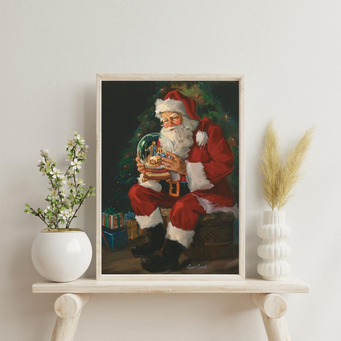 Vintage Santa Claus Holding a Snow Globe Christmas Art Poster