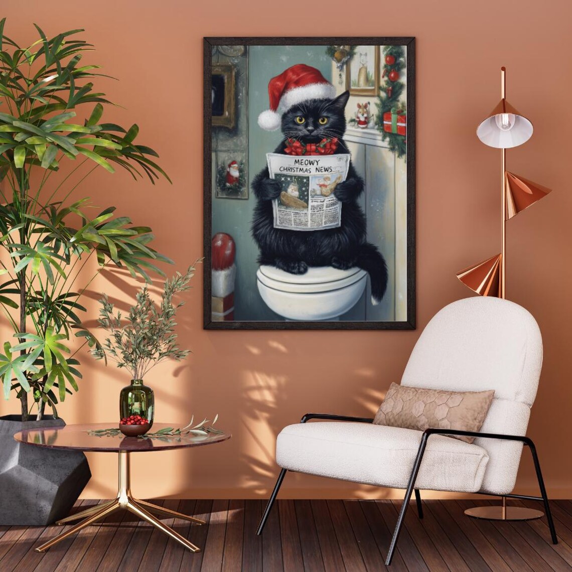 Meowy Christmas News Black Cat Santa Funny Holiday Scene Poster - Image 2