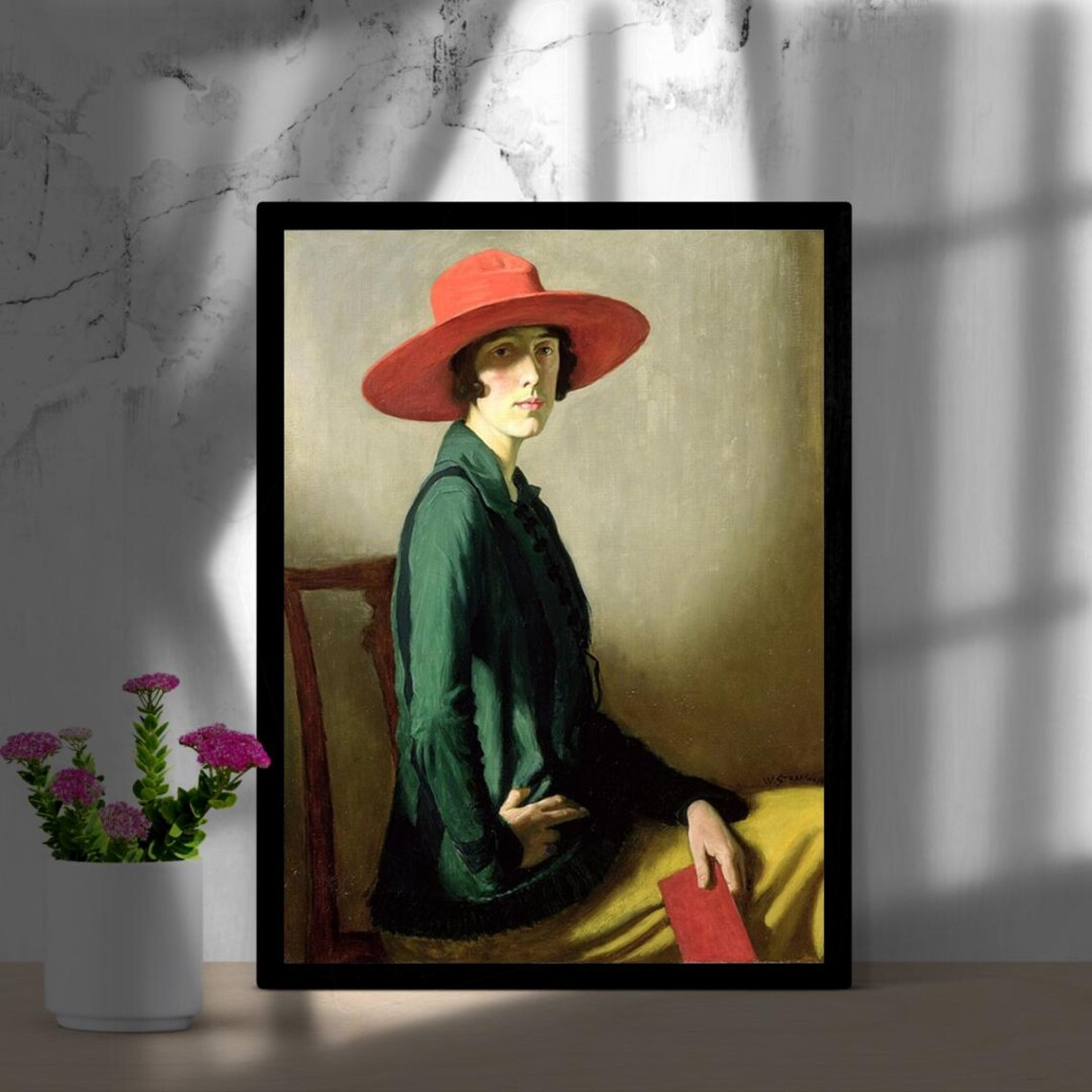 Elegant Vintage Woman in a Red Hat and Green Coat Portrait Poster